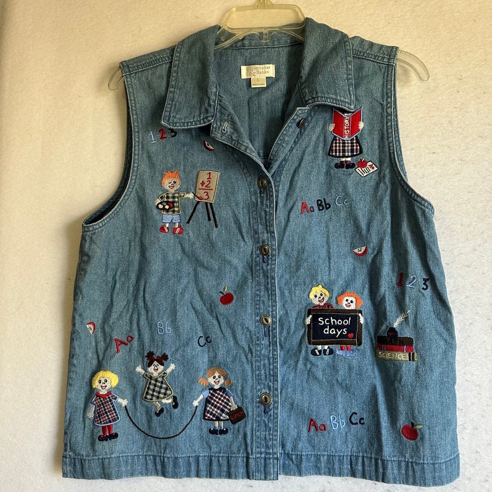 Christopher Banks Denim School Teacher Vest Embroidered Blue Cotton Large Y2K